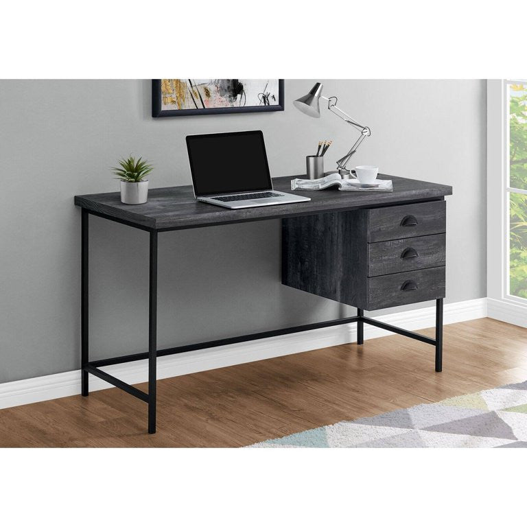 Modern Desk, Rectangular Top & 3 Storage Drawers With Cup Pulls, Reclaimed Black