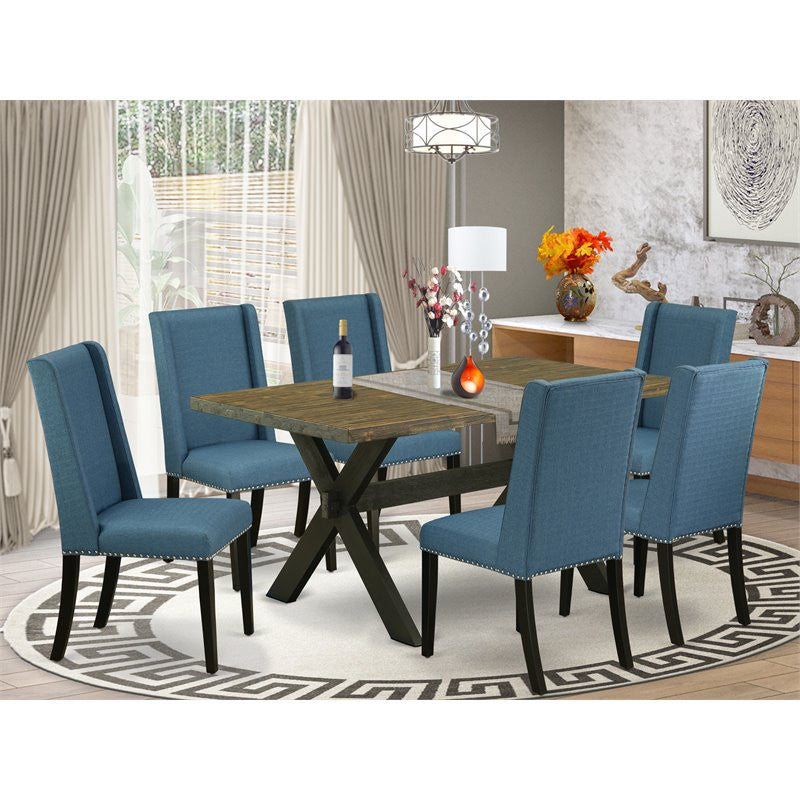X676Fl121-7, 7-Piece Jacobean Table Top and 6 Linen Fabric Chairs, Black