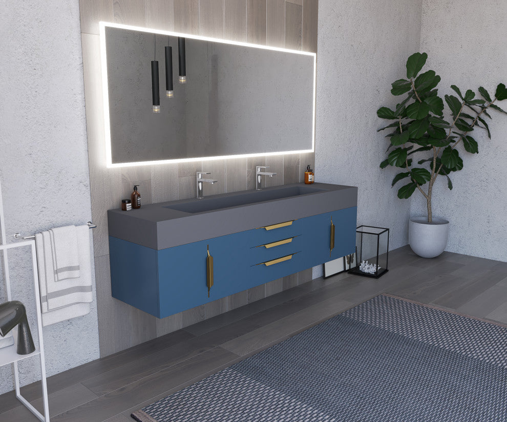 CastelloUSA Nile 72" Wall Mounted Bathroom Vanity Set, Blue, Gray Top, Gold Handles