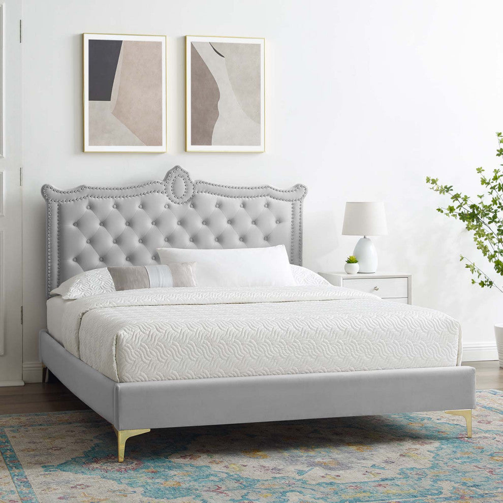 Platform Bed Frame, Nailhead, Queen Size, Gray, Velvet, Modern