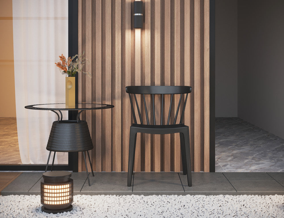 Dining Elbow Side Chair, Plastic Indoor/Outdoor Stackable Slat Back Patio Chair, Black