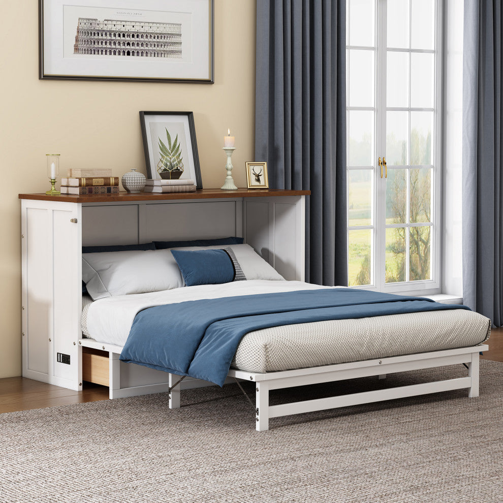 Full/Queen Solid Pine Frame Murphy Bed, Charging Station, Full