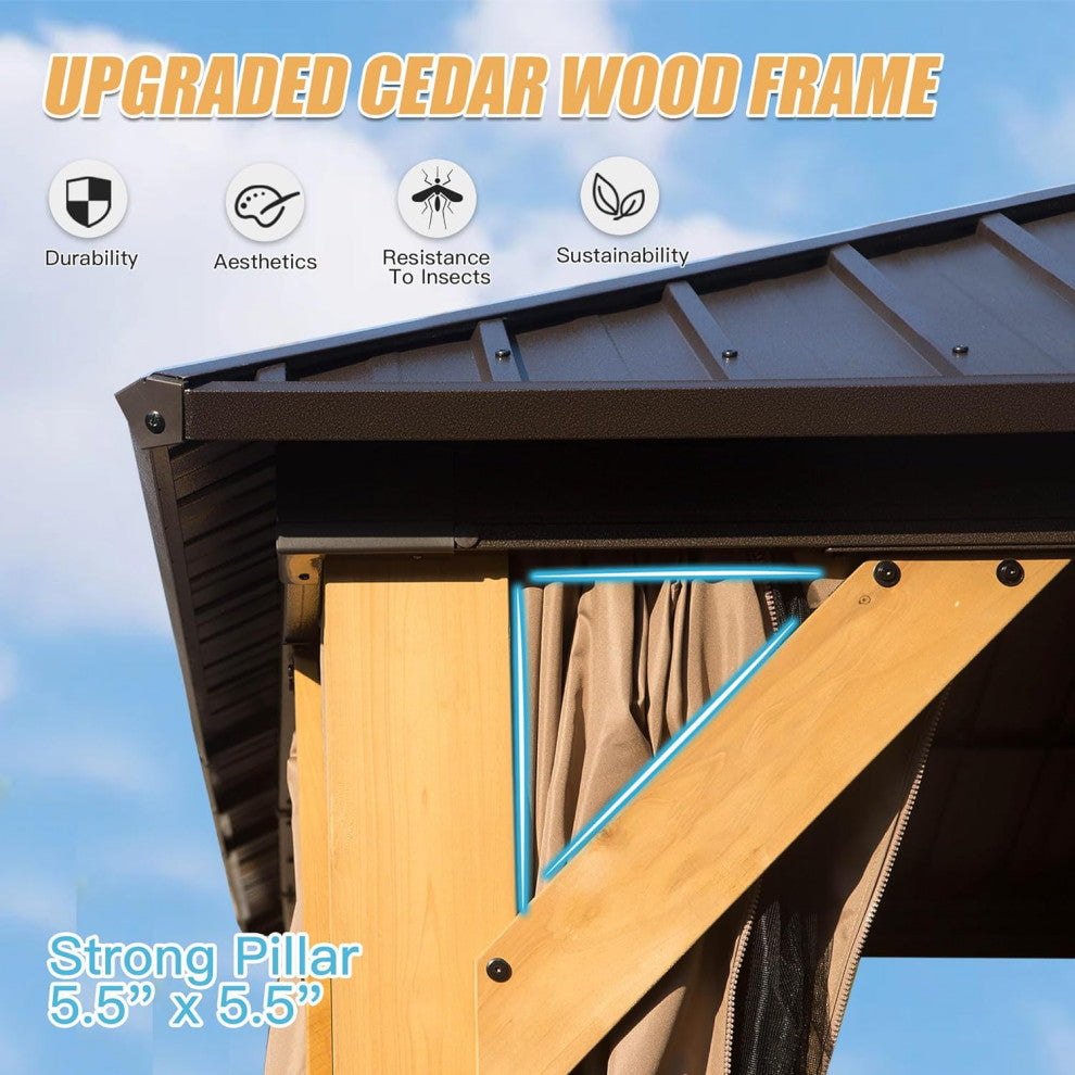 Cedar Wood Gazebo, Solid Wood Hardtop Gazebo with Galvanized Steel Double Roof