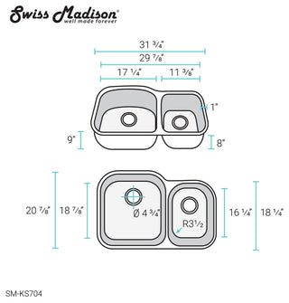 32"x21" Stainless Steel, Dual Basin, Undermount Kitchen Sink