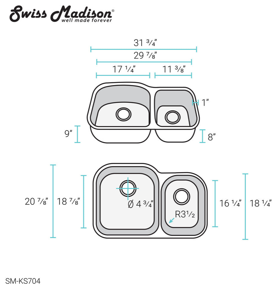 32"x21" Stainless Steel, Dual Basin, Undermount Kitchen Sink