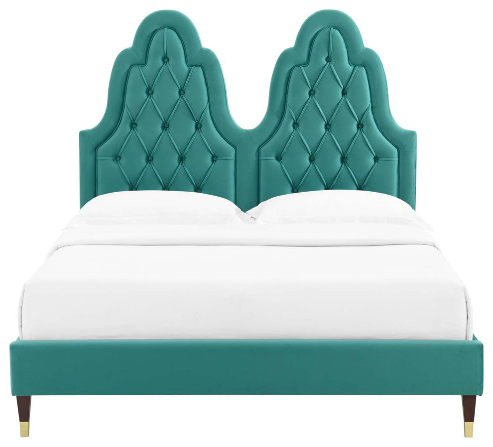 Tufted Platform Bed Frame, Twin Size, Velvet, Teal Blue, Modern Contemporary