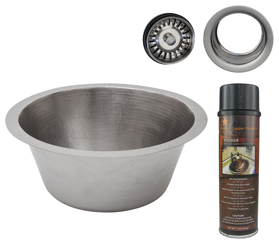 16" Round Hammered Copper Prep Sink, Nickel, 3.5" Drain Opening