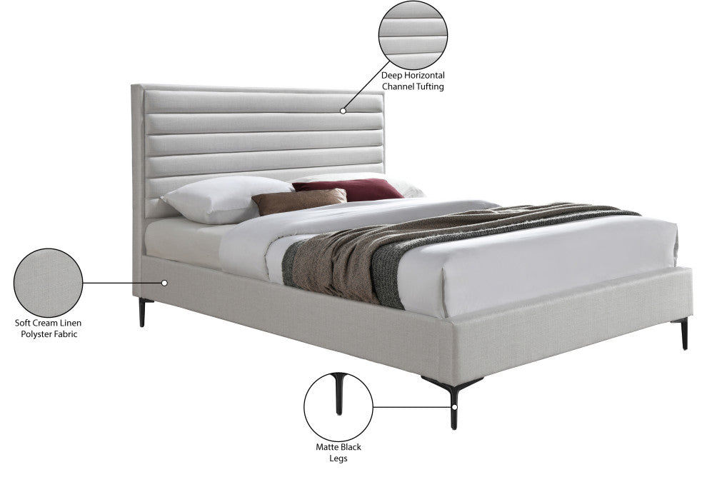 Hunter Linen Polyester Fabric Upholstered Bed, Cream, Queen
