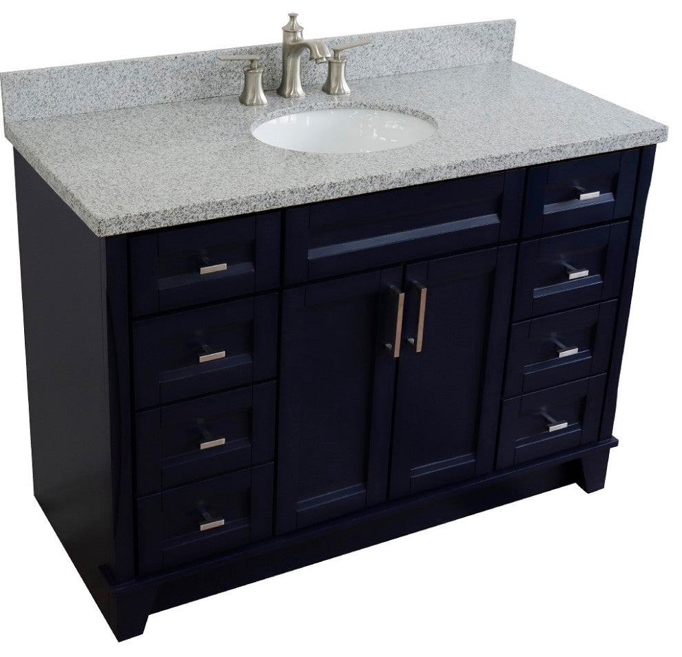 49" Single Sink Vanity, Blue Finish With Gray Granite And Oval Sink