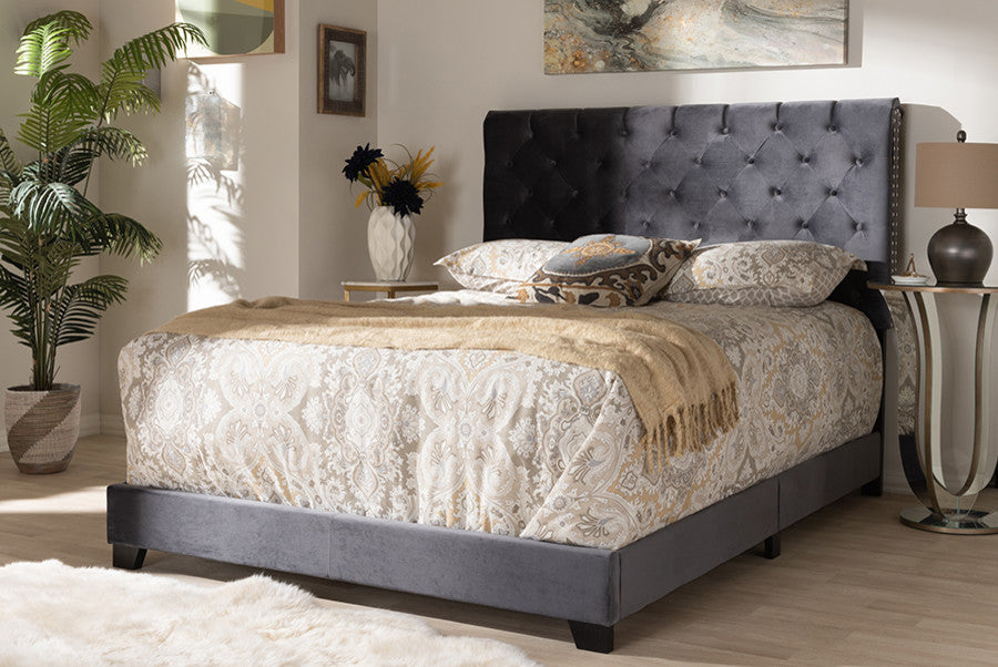 Candace Luxe and Glamour Dark Gray Velvet Upholstered King Size Bed