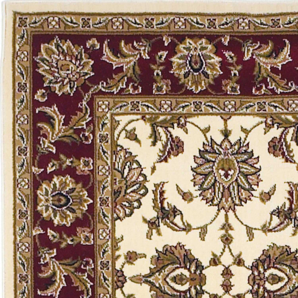 HomeRoots 7' Octagon Ivory or Red Floral Vines Bordered Indoor Area Rug