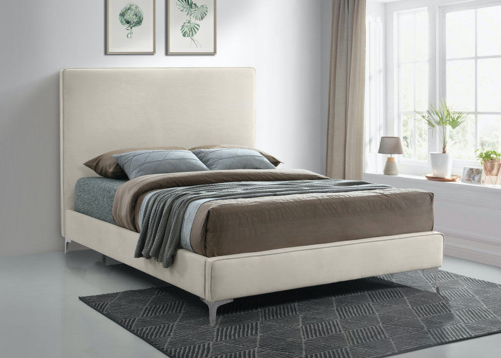 Geri Velvet Upholstered Bed, Cream, Queen