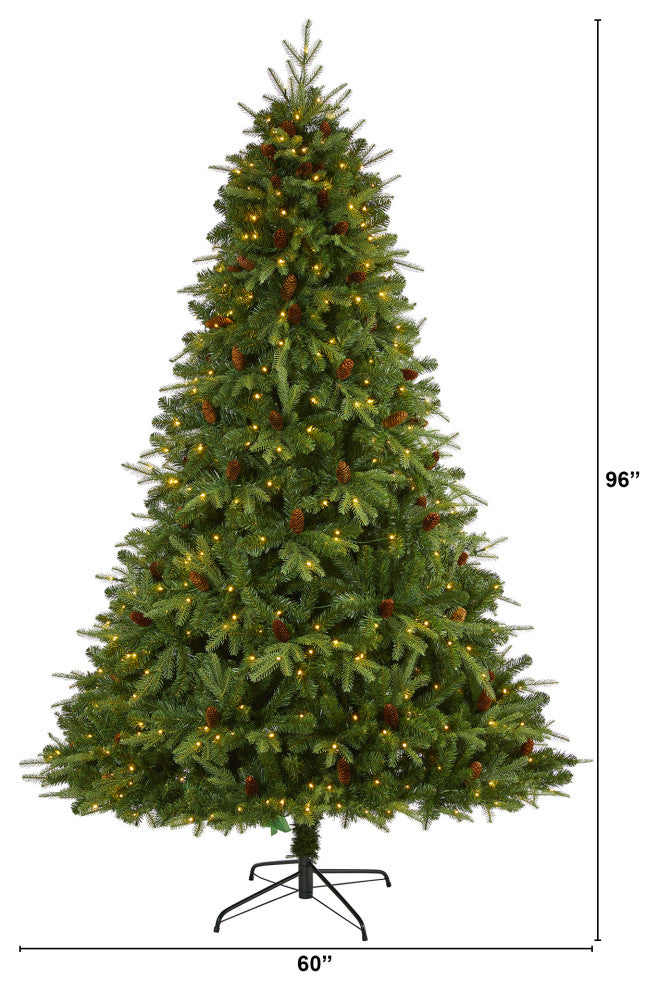 8' Wellington Spruce Natural Look Faux Xmas Tree W/550 Clear Lights & Pine Cones