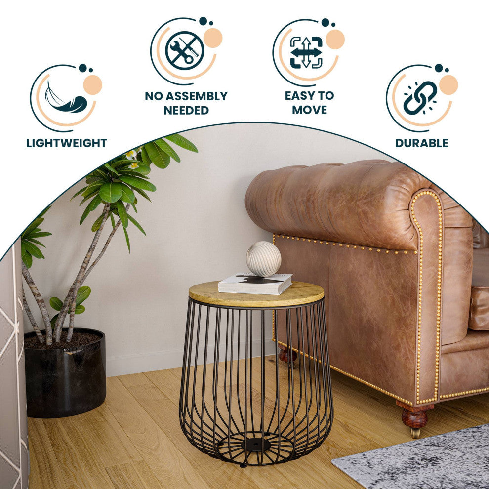 LeisureMod Runswick Modern Wood Top End Table With Metal Base, Natural Wood