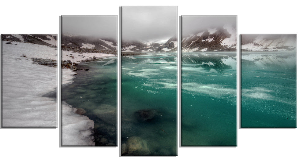 Lake With Icy Topped Mountains, Landscape Canvas Print, 60"x32", 5 Panels
