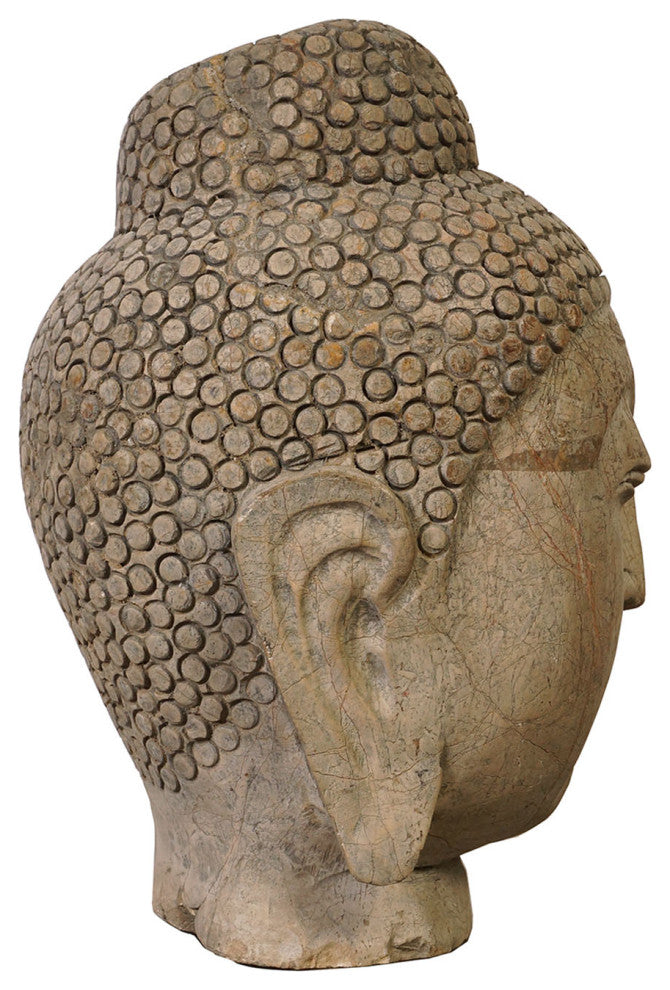 Consigned 14" Antique Chinese Carved Stone Buddha Head Statue