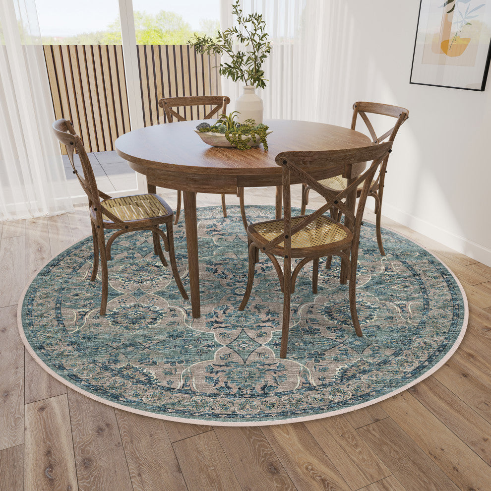 Indoor/Outdoor Marbella MB5 Mineral Blue Machine Washable 10' x 10' Round Rug
