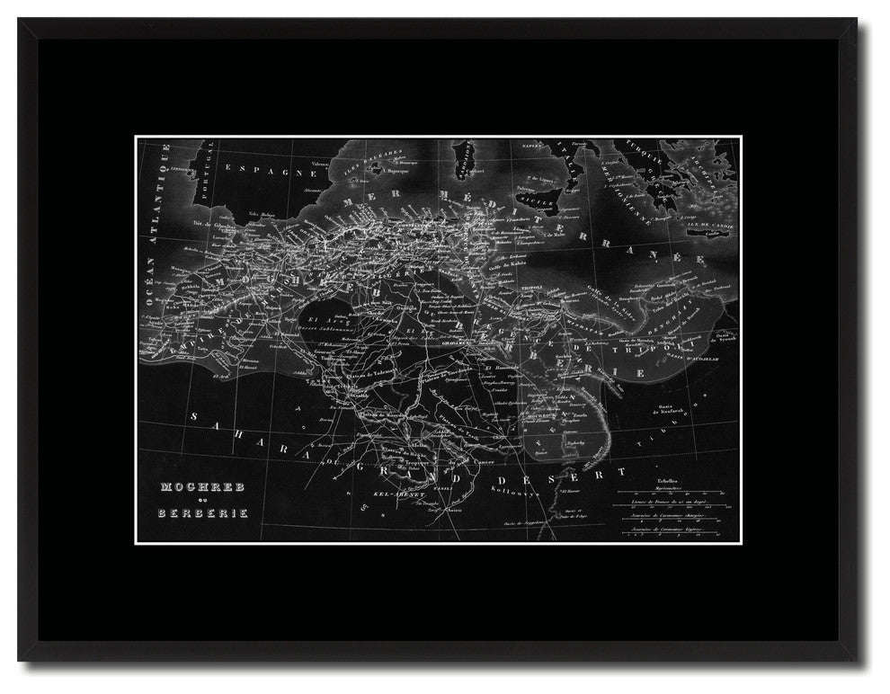 North Africa Barbary Coast Vintage Monochrome Map Canvas, 16"x21"