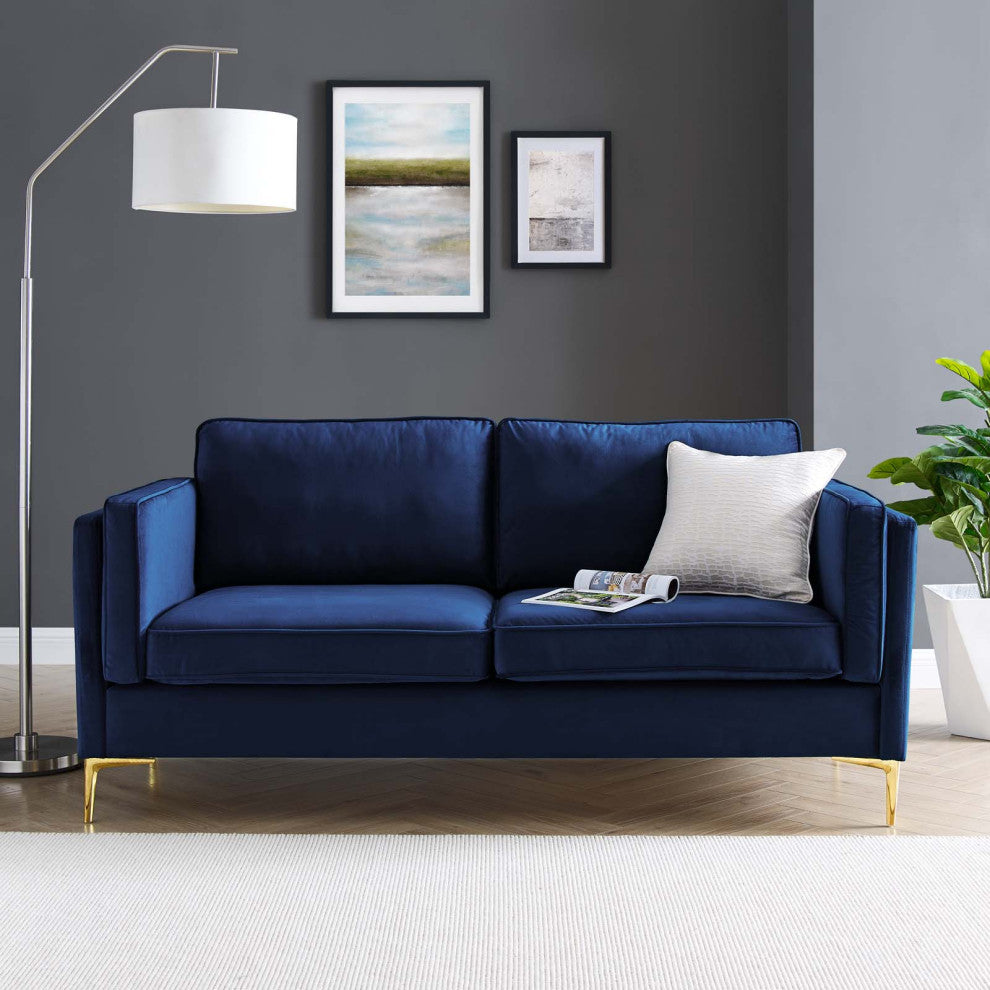 Sofa, Velvet, Dark Blue, Modern, Living Lounge Room Hotel Lobby Hospitality