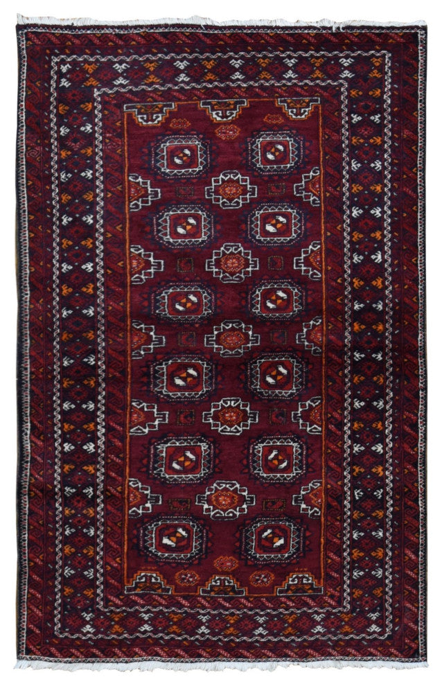 Red Vintage Tourkaman Bokara Pure Wool Hand Knotted Runner Rug 3'4" x 5'10"