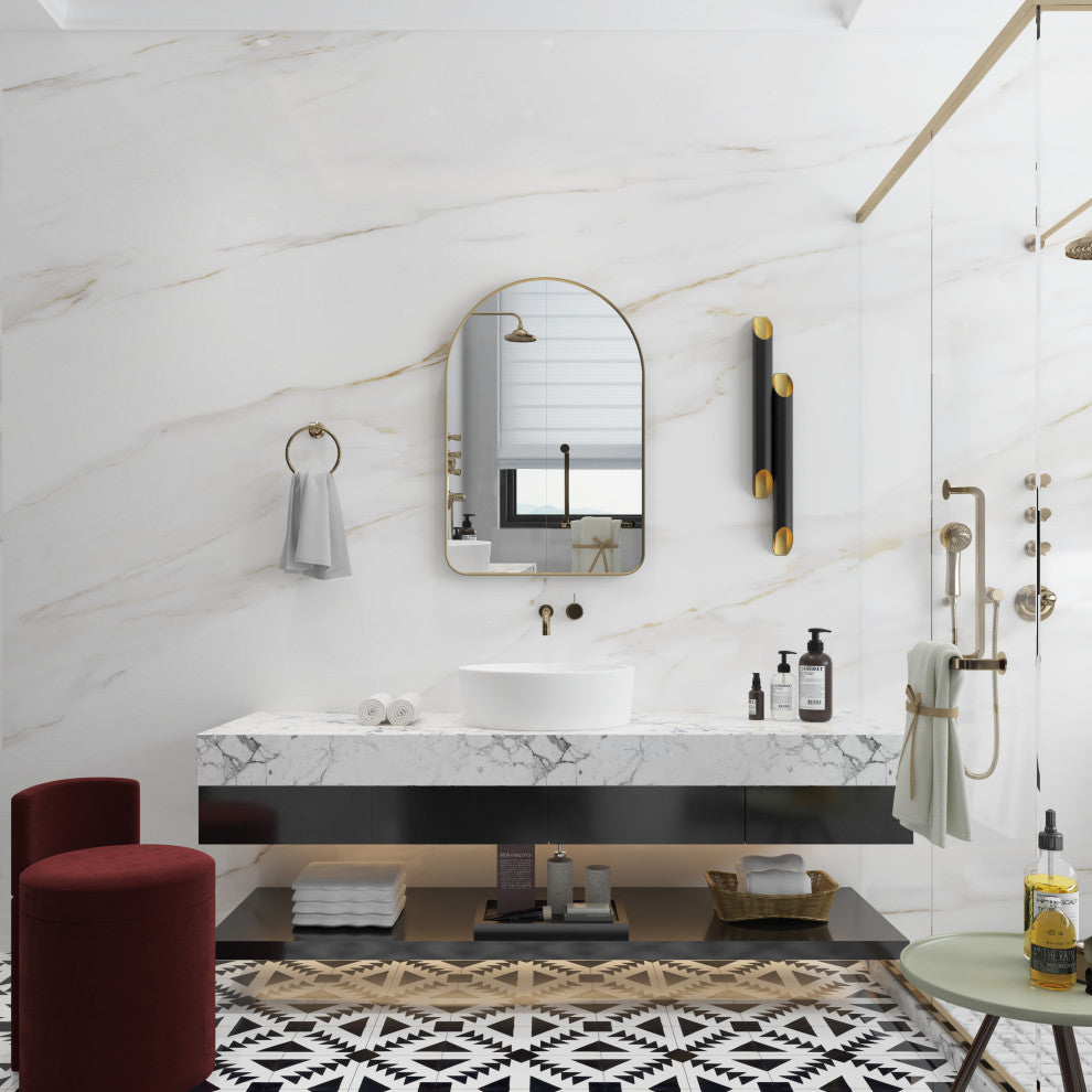 24"x36" Arched Bathroom Wall-mounted Mirror with Aluminum Frame, Gold