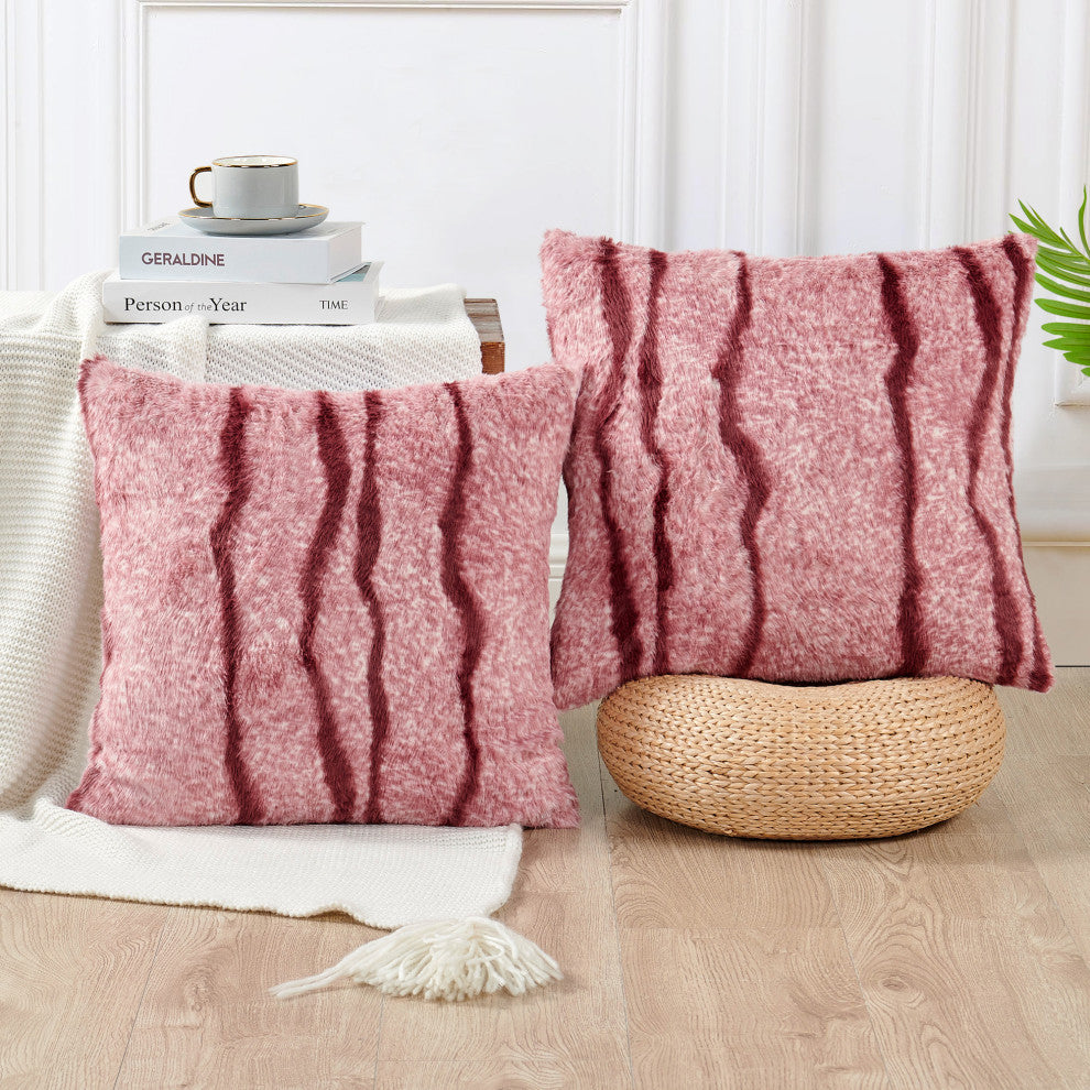 Finch Stripe Faux Fur 2 Piece Pillow Shell Sets, Woodrose, 20" X 20"