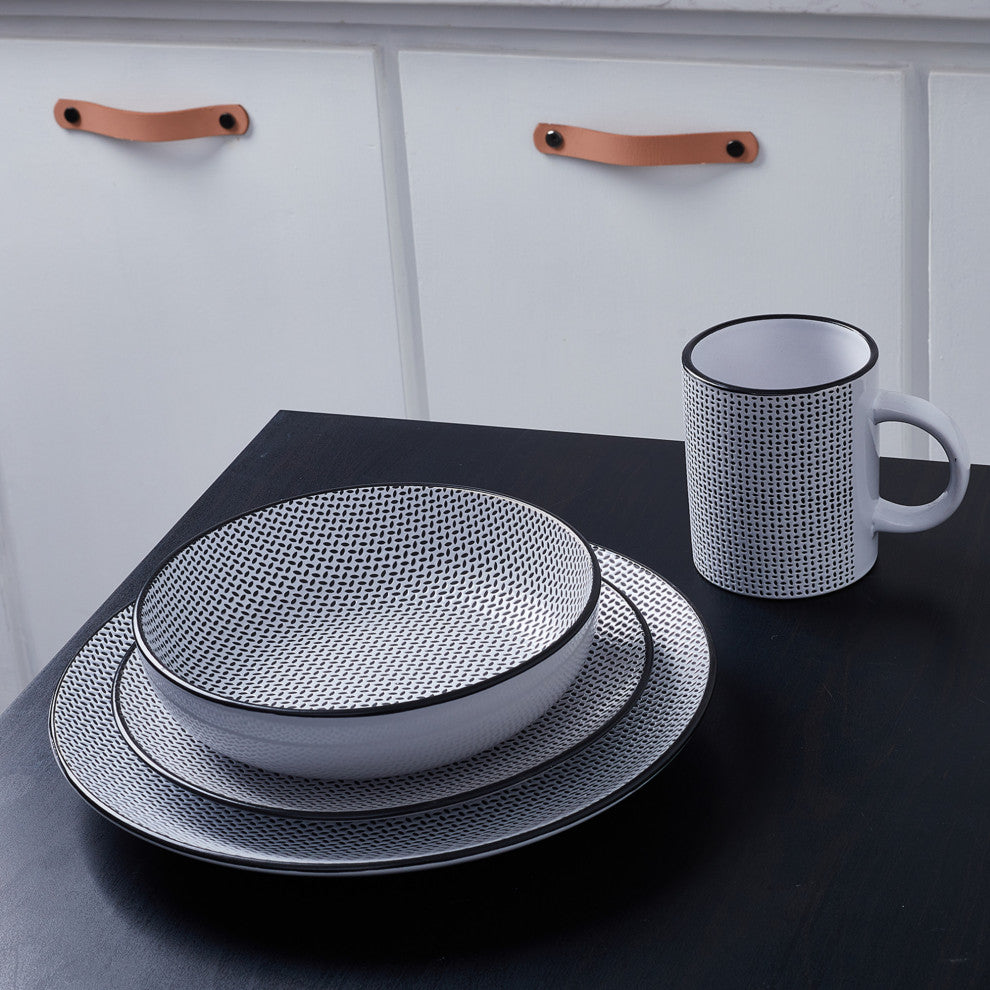 Stone Lain Daisy Stoneware 32 Piece Dinnerware Set, White and Black