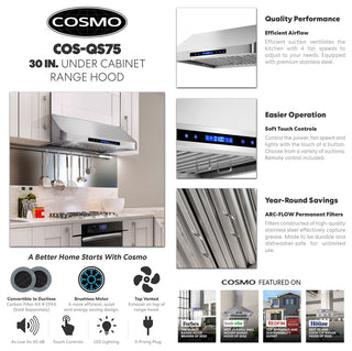 Cosmo Modern Under-Cabinet Range Hood, Touch Screen, 30"
