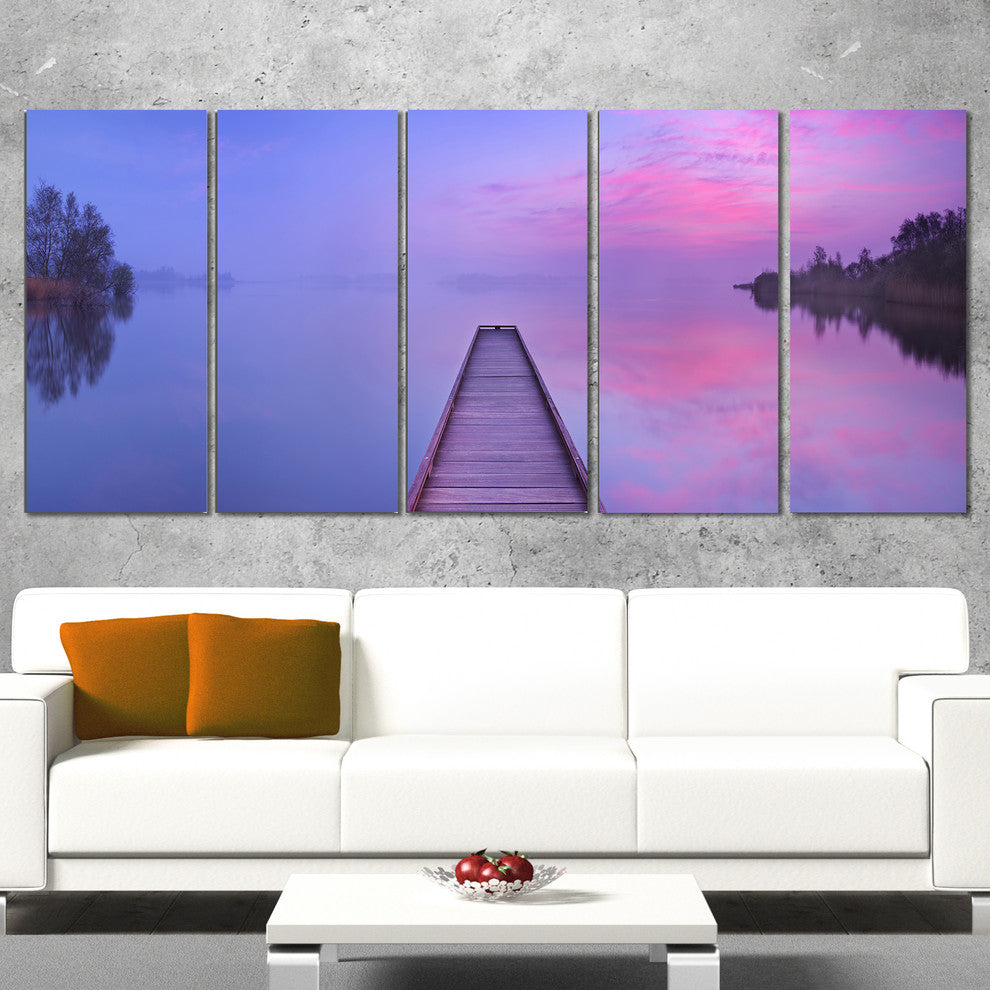 "Jetty in A Dawn Lake" Wooden Sea Bridge Canvas Wall Art, 5 Panels, 60"x28"