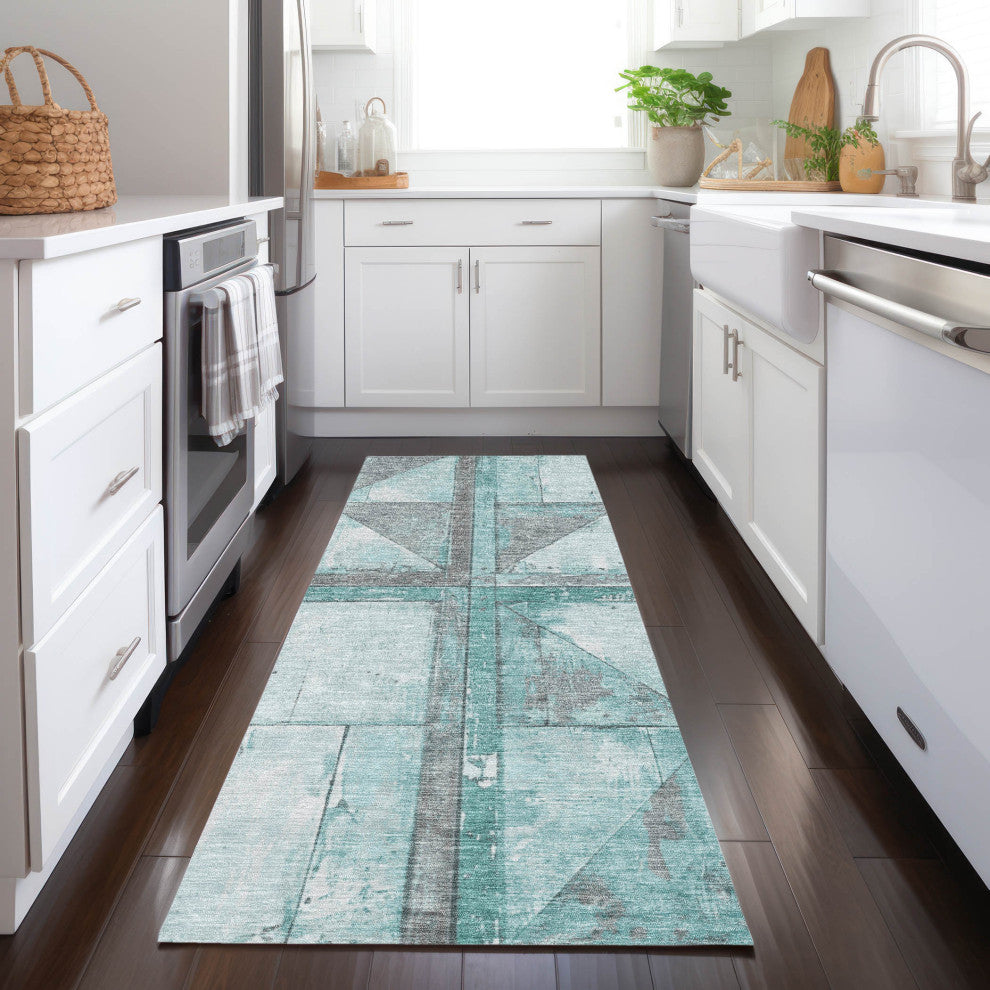 Machine Washable Indoor/Outdoor Chantille ACN1876 Teal 2'3" x 7'6" Runner Rug