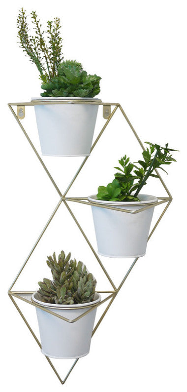 Hanging Planter Vase and  Geometric, White and Brass
