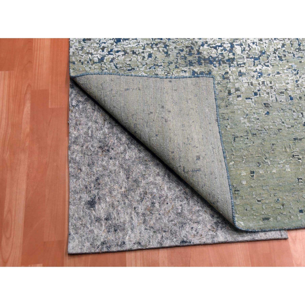 Denim Blue, Pure Silk and Wool, Modern Hand Knotted Oversized Rug, 12'0"x15'0"