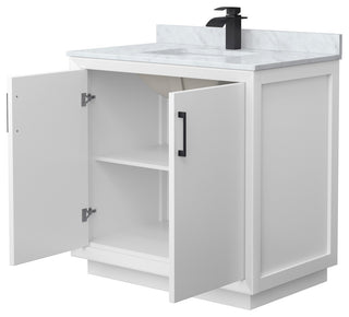 Strada 36" Single Vanity in White, White Carrara Marble Top, Sink, Black Trim