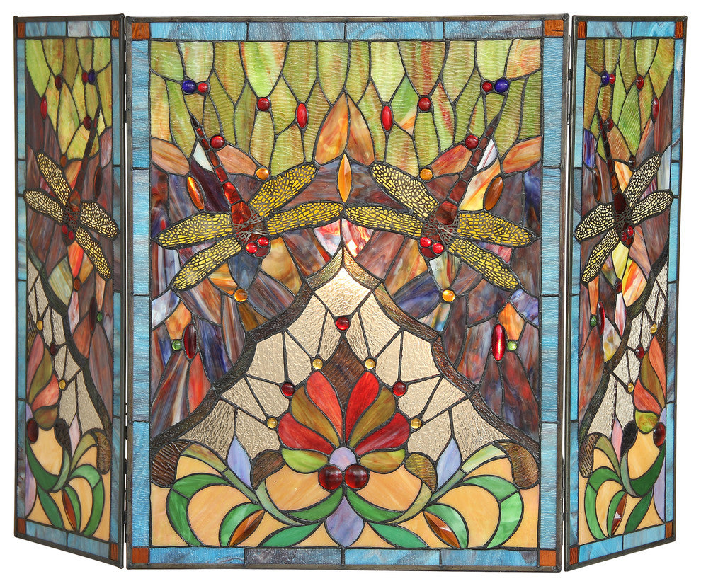 Anisoptera Purity Tiffany-Glass 3-Piece Folding Dragonfly Fireplace Screen