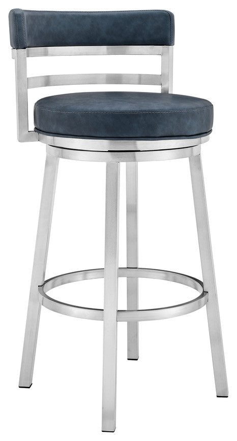 40" Blue Faux Leather And Iron Swivel Low Back Bar Height Chair
