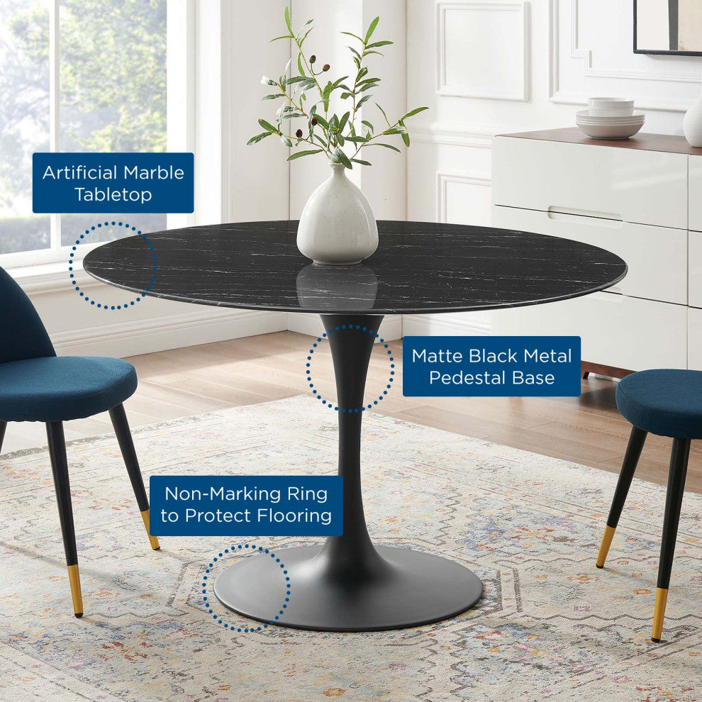Dining Table, Round, Artificial Marble, Metal, Black, Modern, Bistro Restaurant