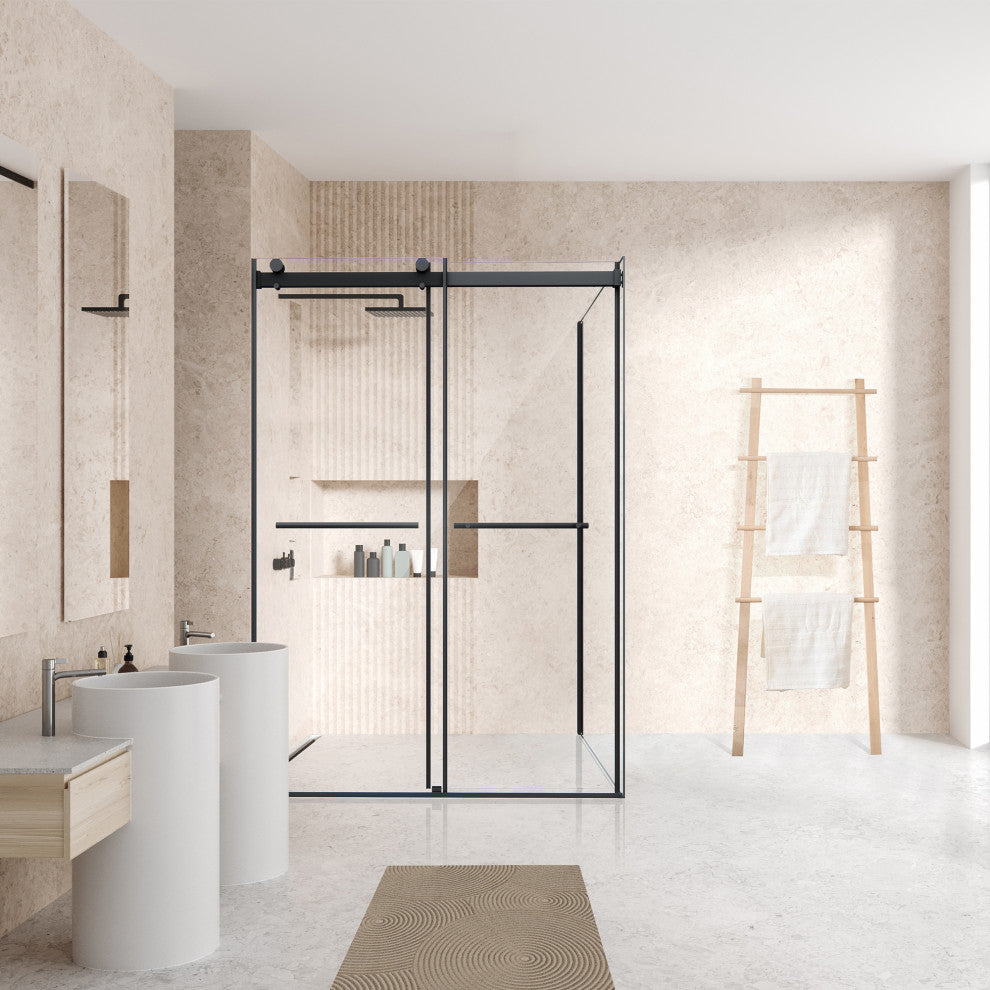 Frameless Exposed Roller Shower Enclosure, Matte Black, 52" W X 76" H