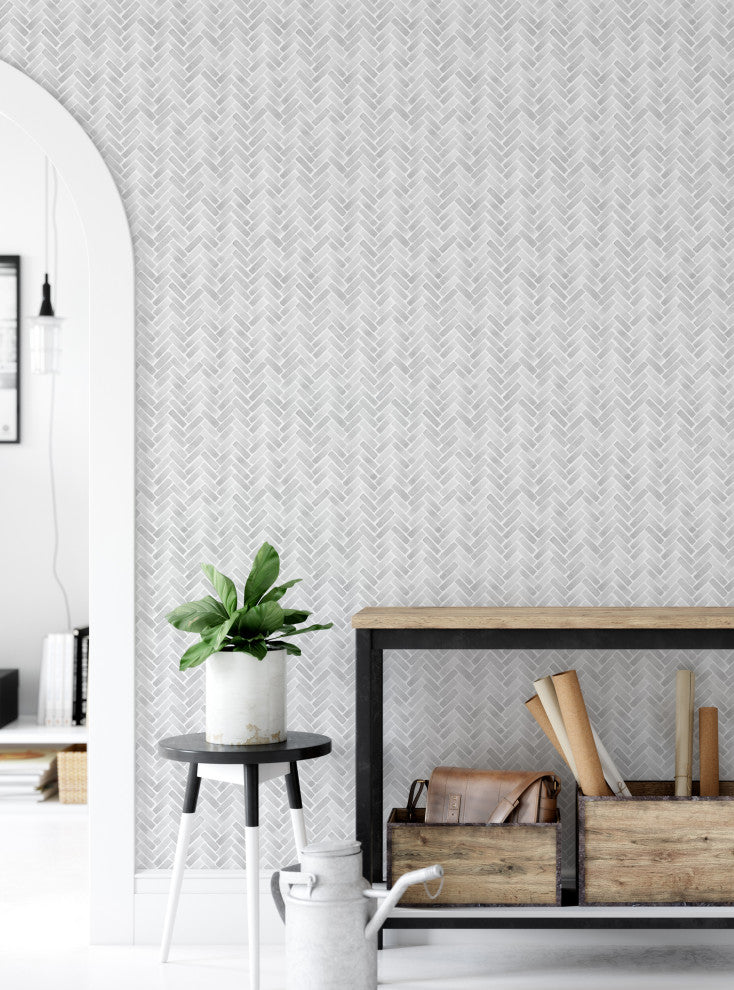Watercolor Herringbone Peel and Stick Vinyl Wallpaper, Winter Grey, 24"w X 108"h