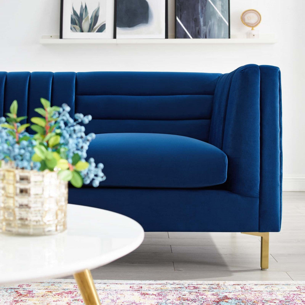 Channel Tufted Sofa, Velvet Couch, Navy Blue