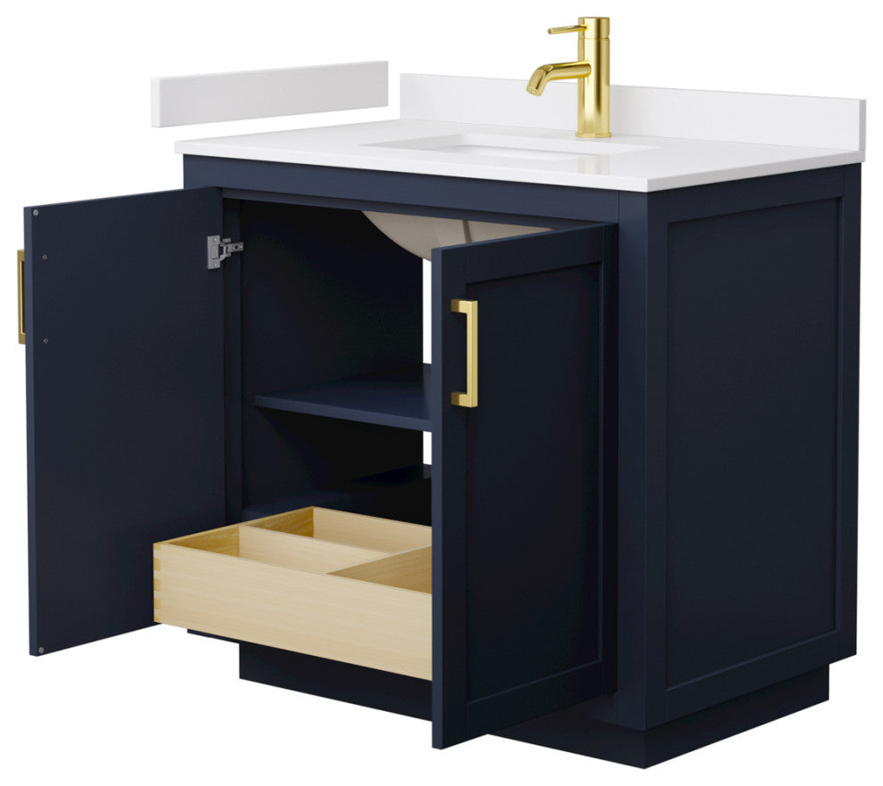 36" Single Bath Vanity Dark Blue, White Cult. Marble Countertop, Sink, Gold Trim