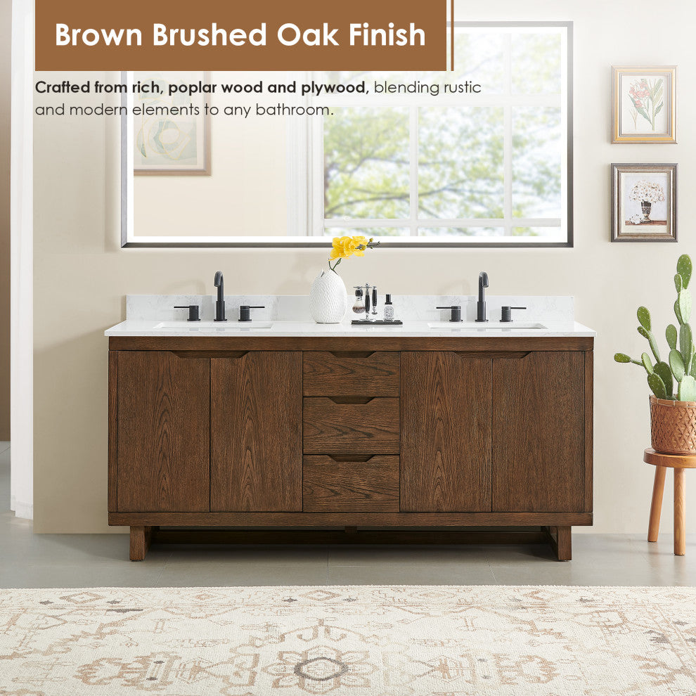 Mowry Bathroom Vanity, Brown Brushed Oak, 72", With Mirror