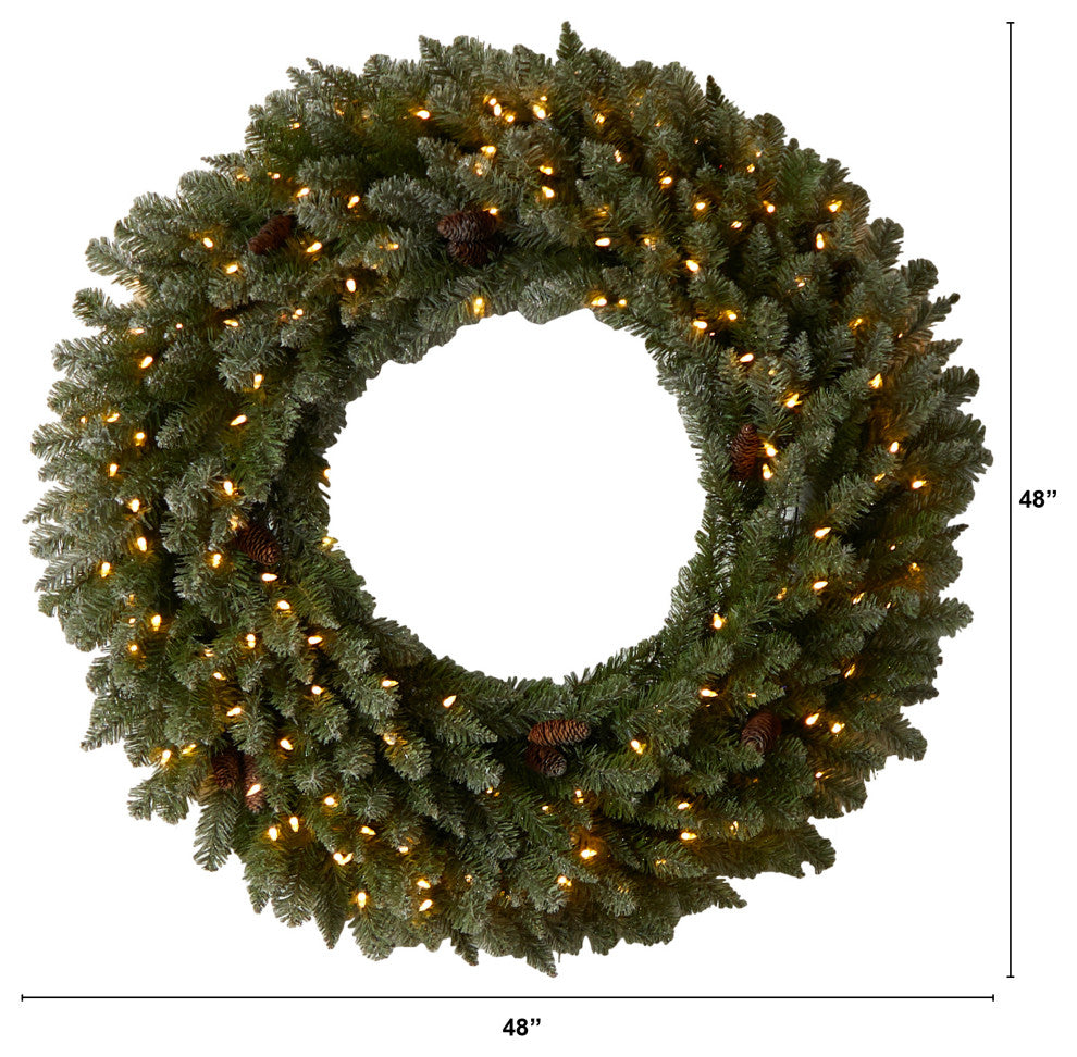 4ft. Large Flocked Faux Xmas Wreath W/Pinecone, Clear Lights & Bendable Branches
