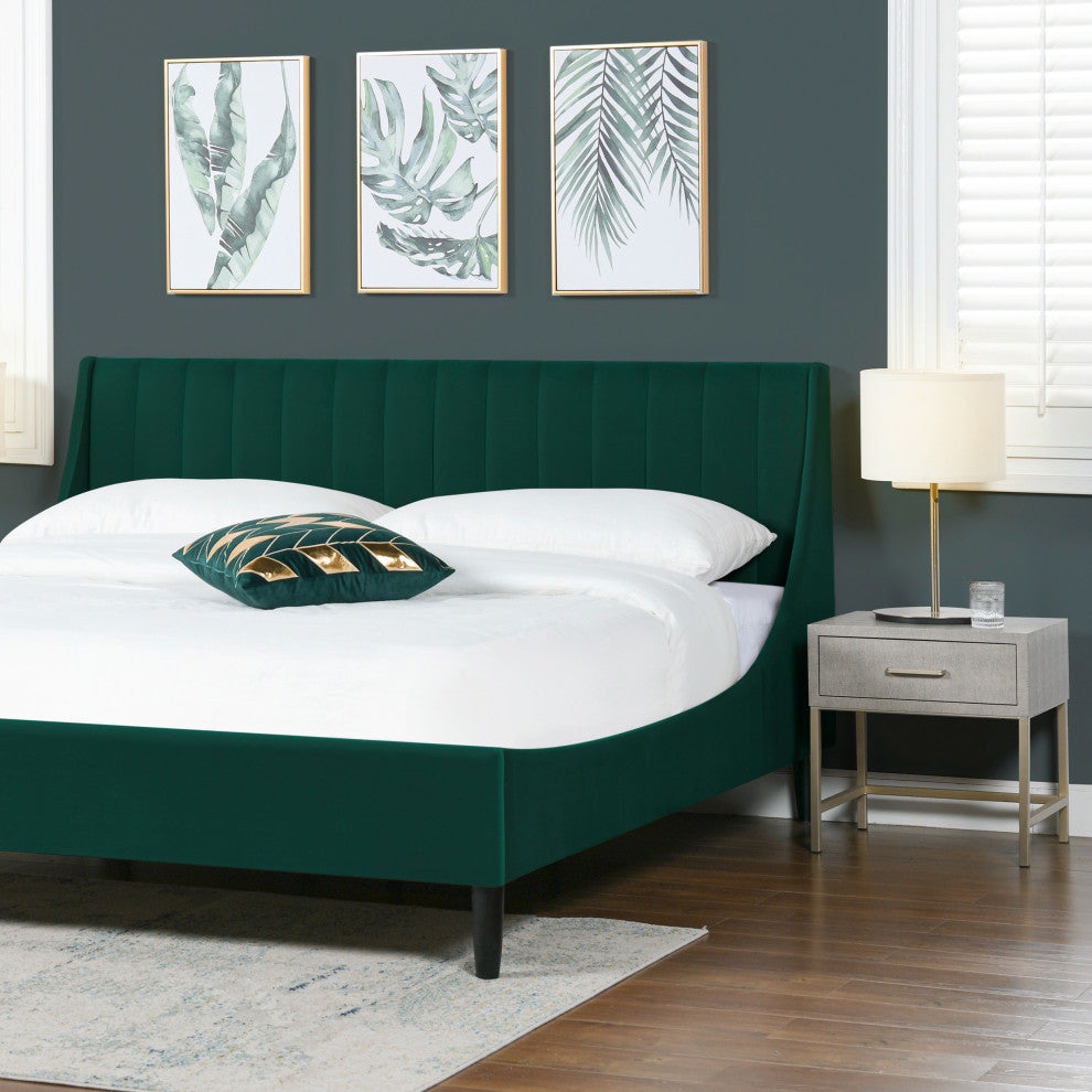 Aspen Modern Vertical Tufted Upholstered Platform Bed, Evergreen Velvet, King