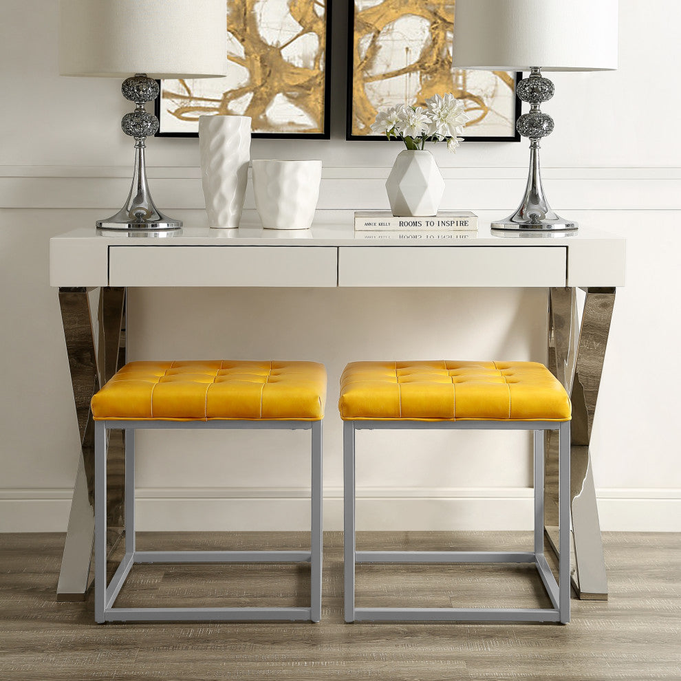 Teresa PU Leather Button Tufted Metal Frame Cube Ottoman, Yellow