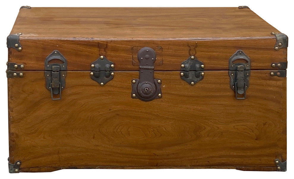 Vintage Oriental Chinese Brown Wood Iron Hardware Trunk Table Hcs7435