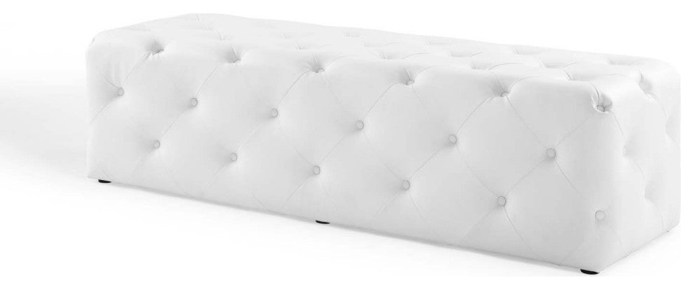 Tufted Accent Chair Bench, Faux Leather, White, Modern, Lounge Hospitality