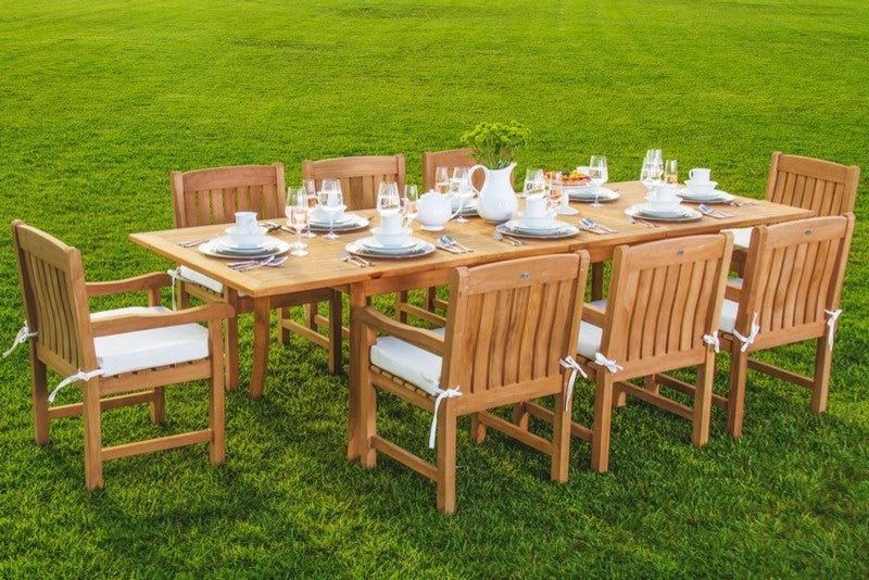9-Piece Outdoor Teak Dining Set, 94" Extension Table, 8 Devon Arm Chairs