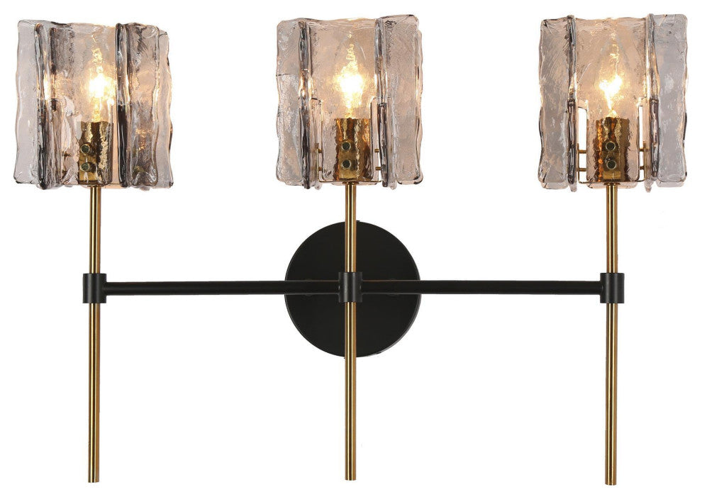 LNC Tucana Polished Gold and Matte Black Modern Wall Sconce, Textured Glass, 3 Lights