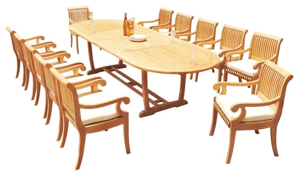 13-Piece Outdoor Teak Dining Set: 117" Extension Oval Table, 12 Giva Arm Chairs