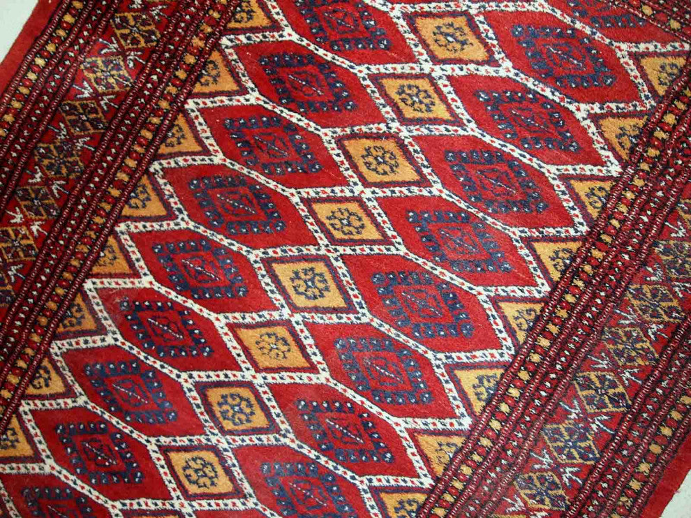 Handmade Vintage Uzbek Bukhara Rug, 3.3'x4.9', 100cmx152cm 1960s